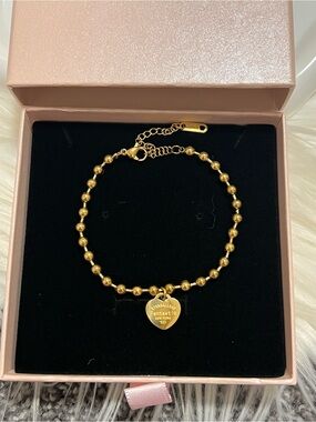 18K Gold Plated Stainless Steel Beaded Heart Charm Bracelet - NWT